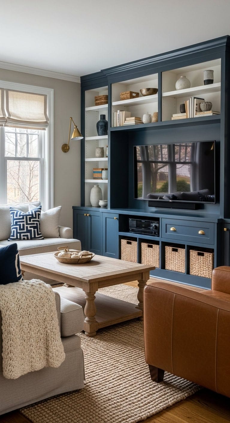sophisticated navy blue built in storage solutions
