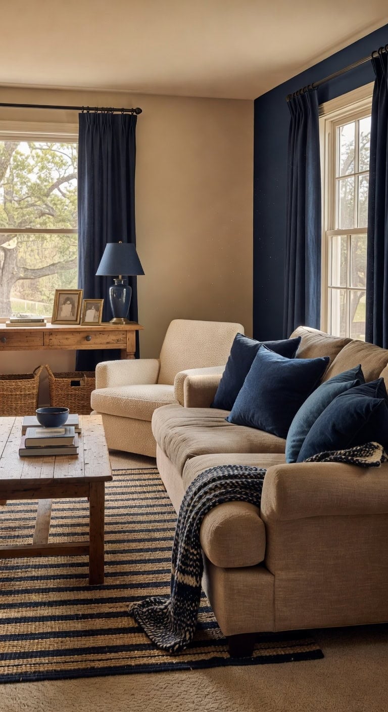 sophisticated navy blue living room accents