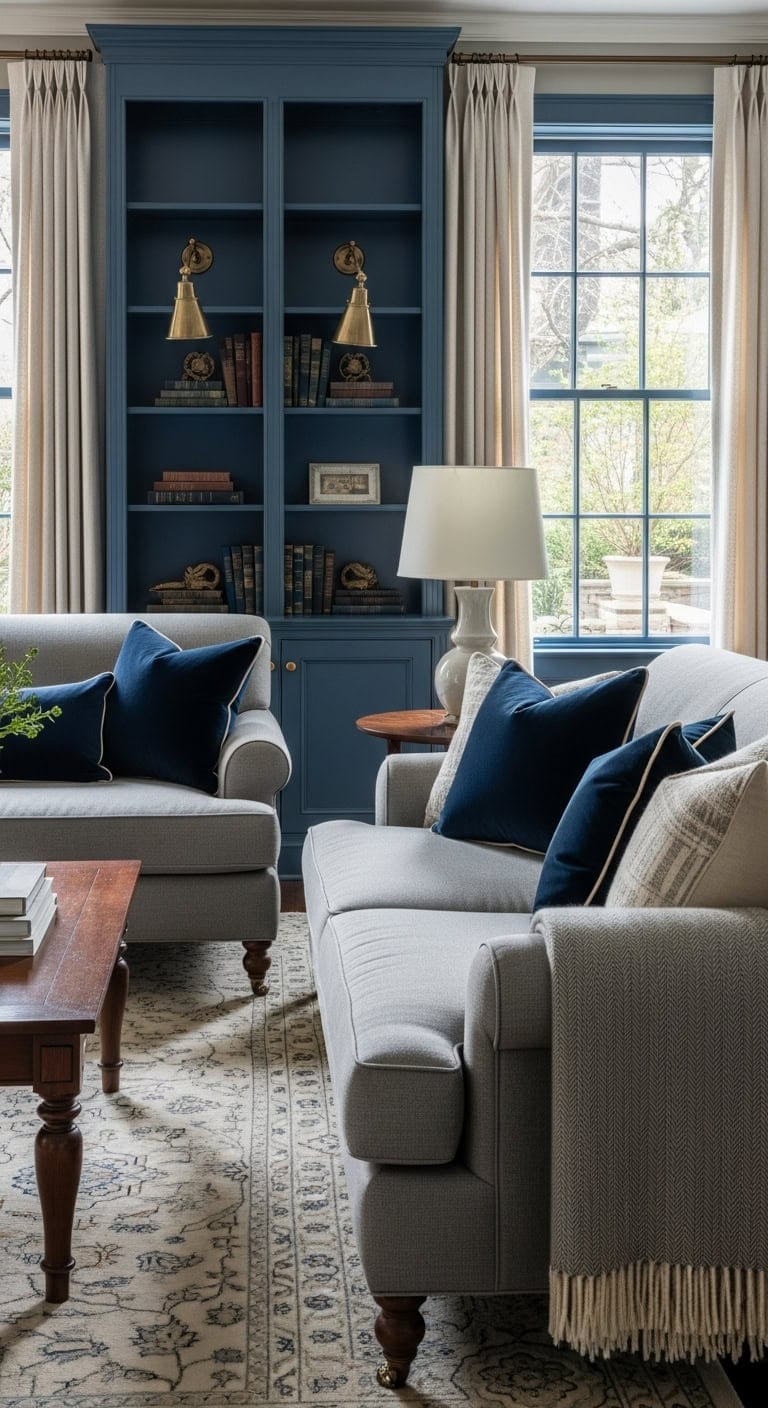sophisticated navy built ins with gray seating