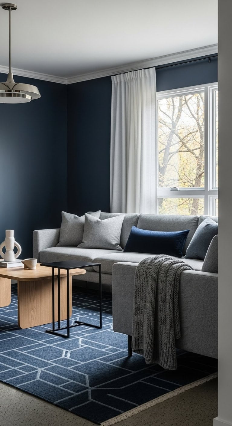 sophisticated navy grey minimalist living room