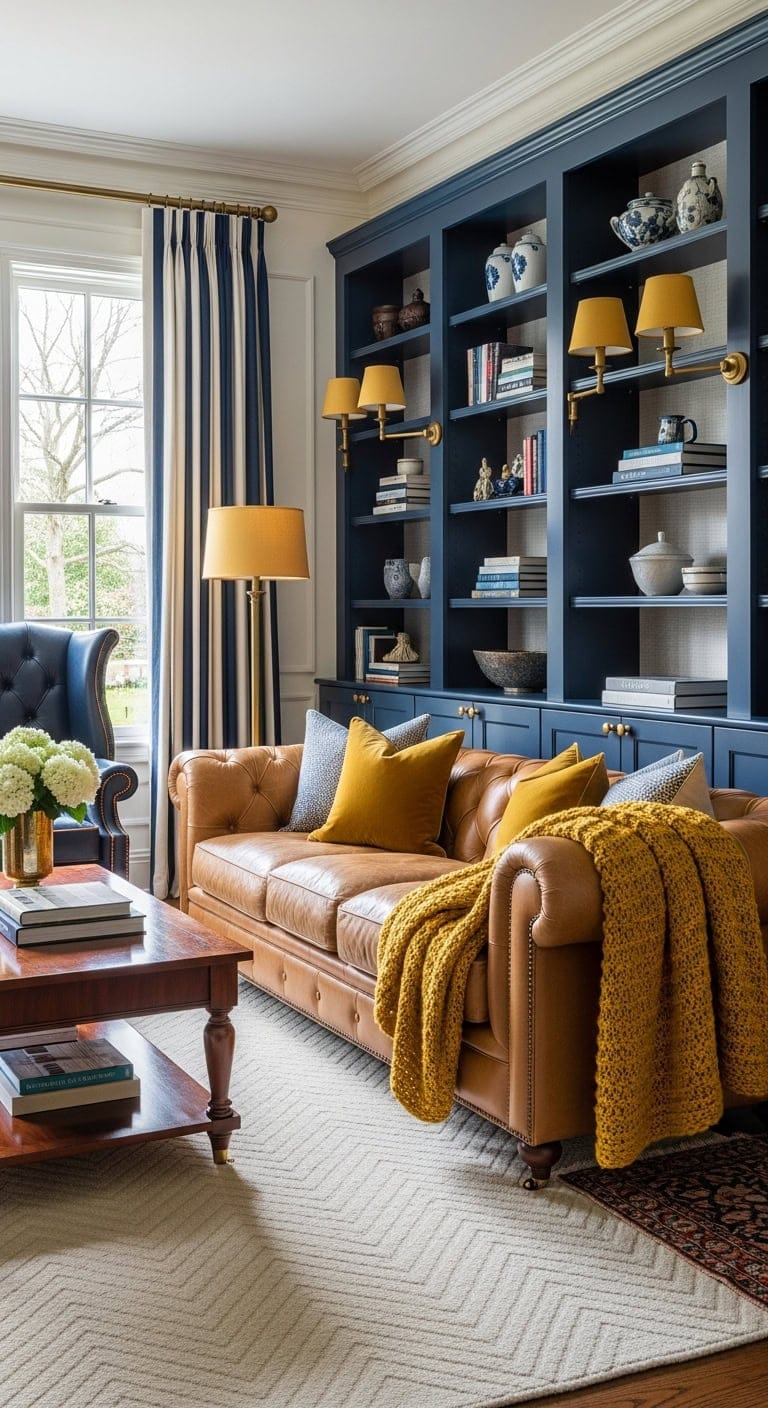 sophisticated navy preppy mustard accents