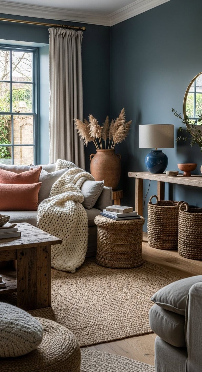 sophisticated slate blue living room sanctuary
