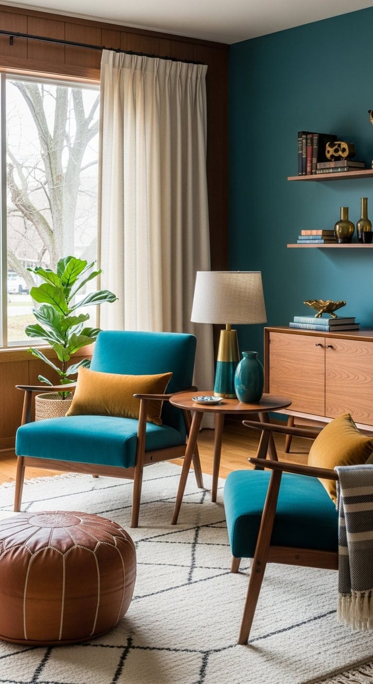 sophisticated teal armchairs with walnut frames