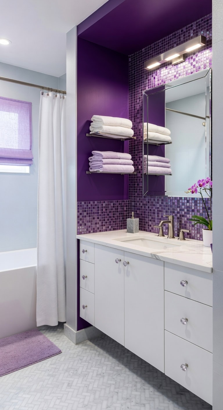 spa worthy purple mosaic bathroom retreat