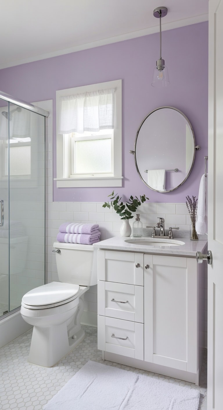 spacious small bathroom via lavender hue