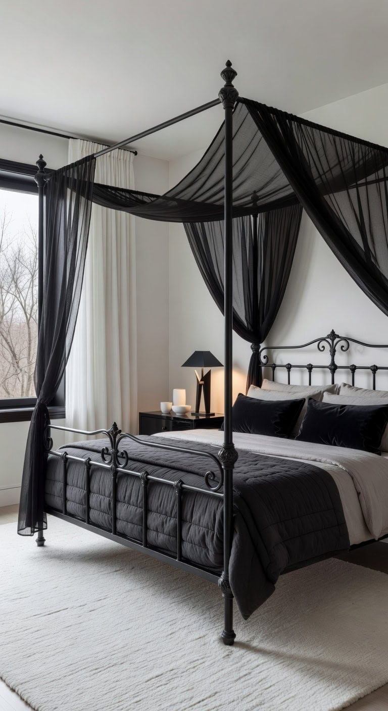 striking black canopy in all white room