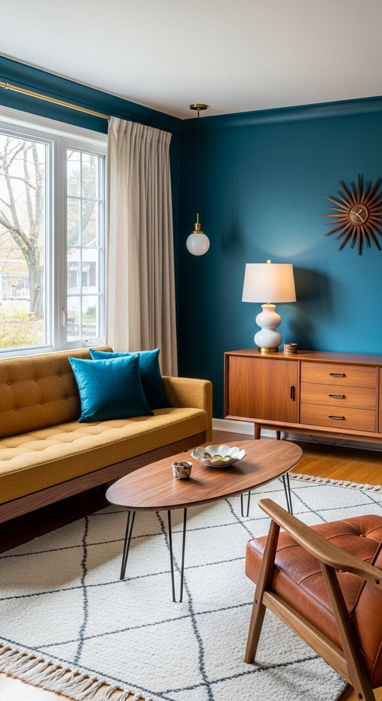 striking blue walls warm wood accents