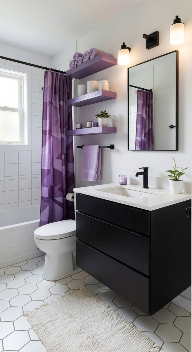 stylish purple floating bathroom shelves