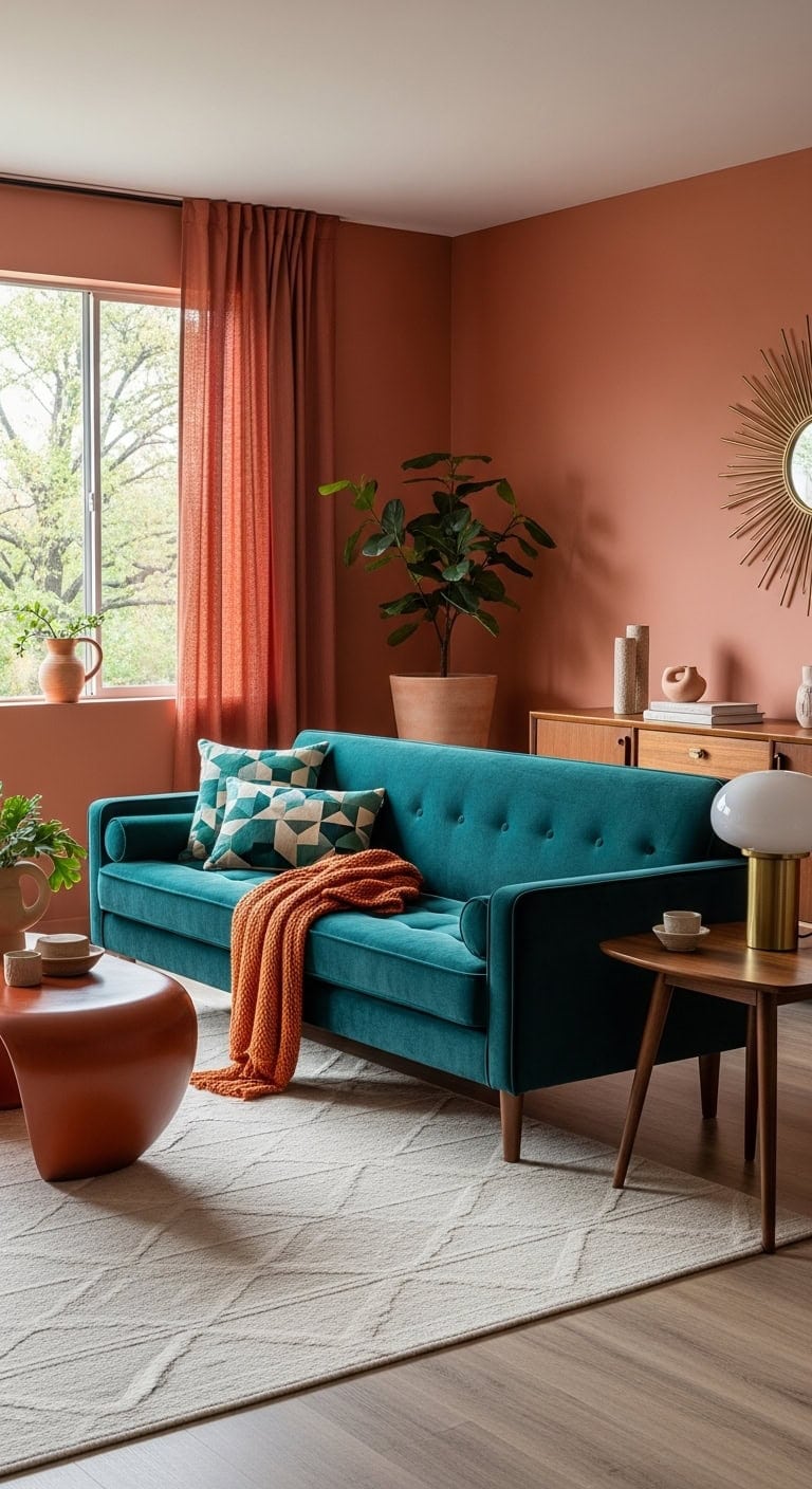 teal velvet terracotta mid century modern