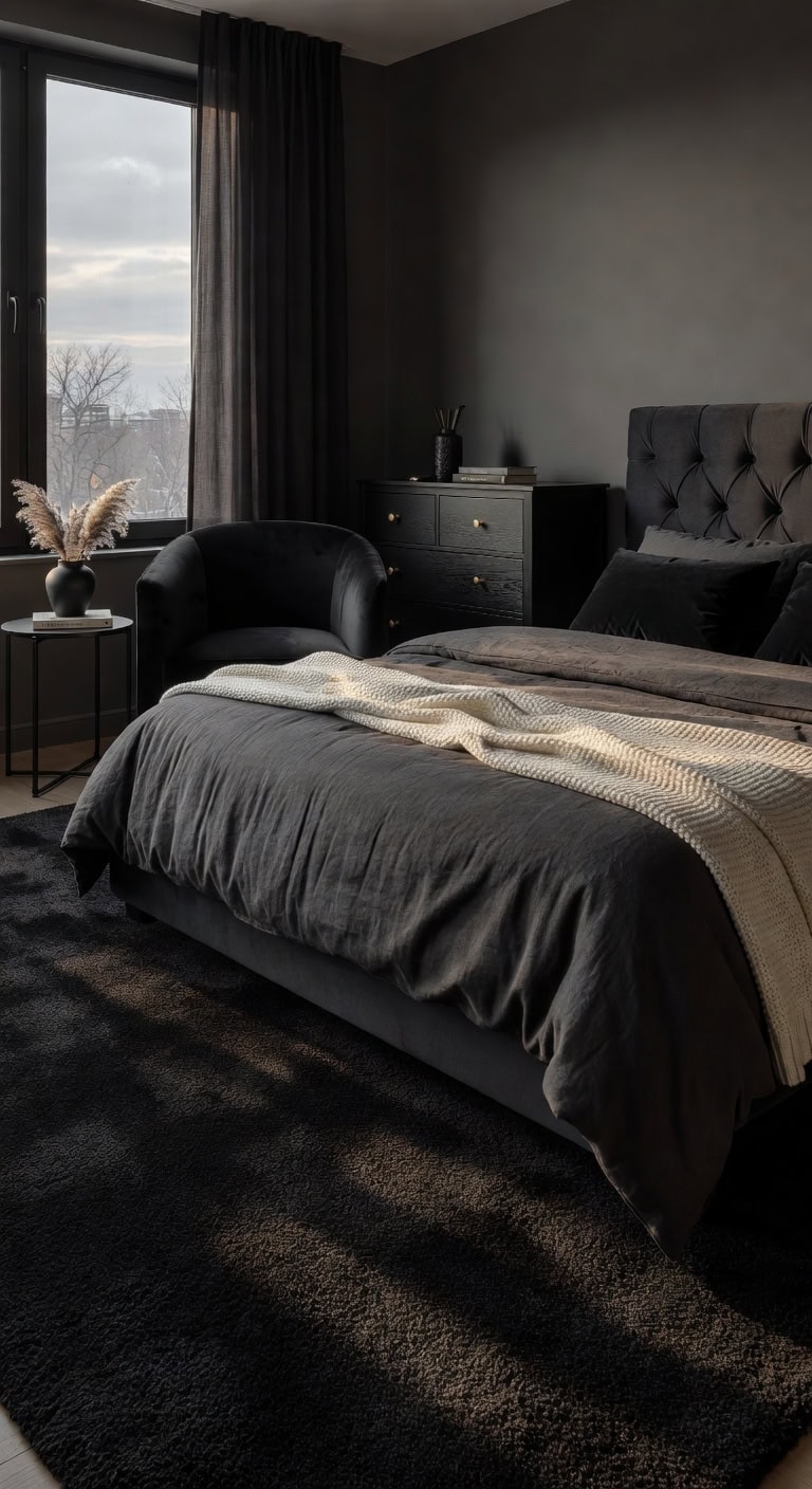 textured black carpets with white accents