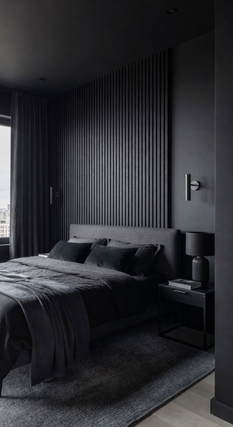textured black paneling elevates bedroom ambiance