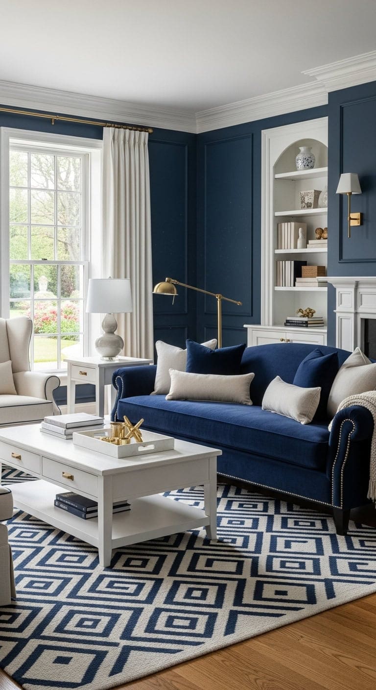 timeless navy sofa with crisp trim