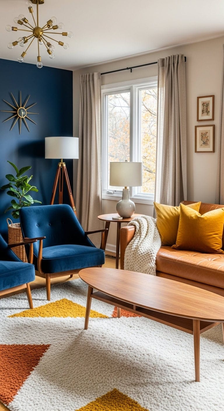 timeless sophisticated navy velvet walnut wood