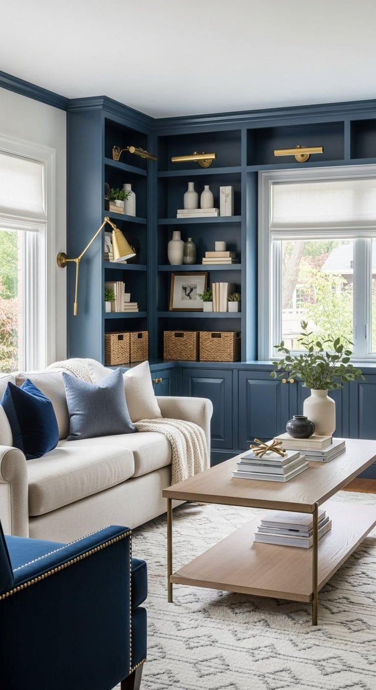 timeless transitional navy built in bookshelves
