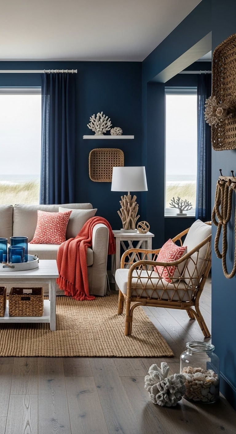 tranquil coastal sanctuary with pops of color