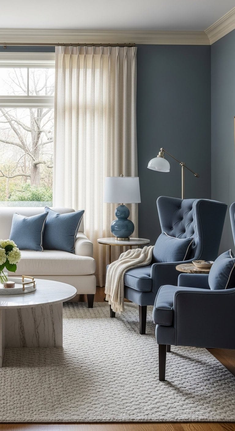 transitional slate blue velvet cream marble