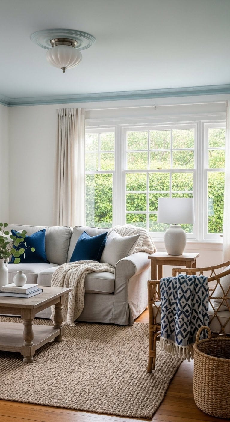 unexpected blue ceiling dramatic contrast