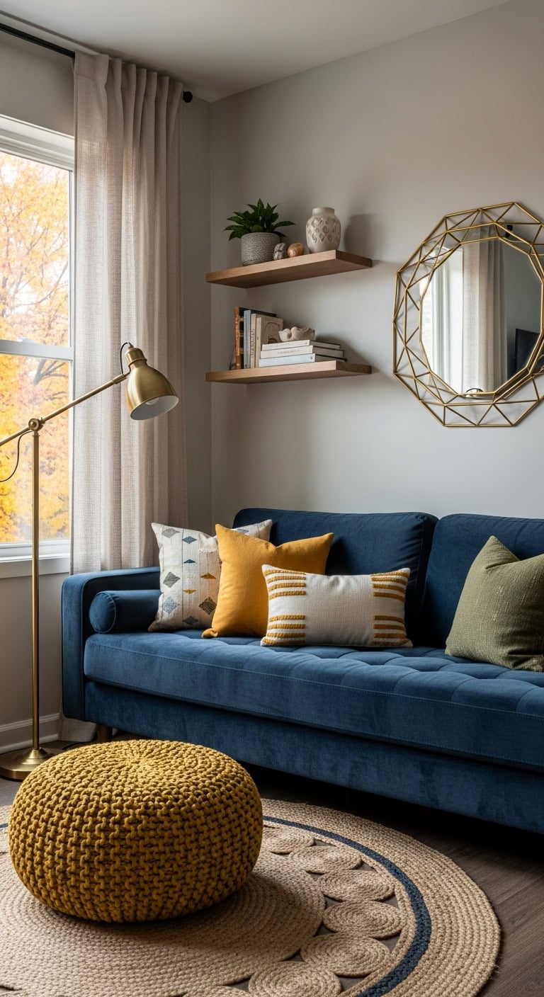 vibrant blue mustard living room designs