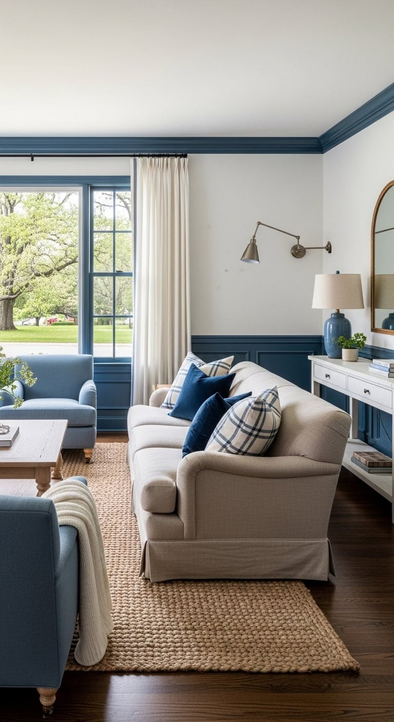 vibrant blue trim timeless white walls
