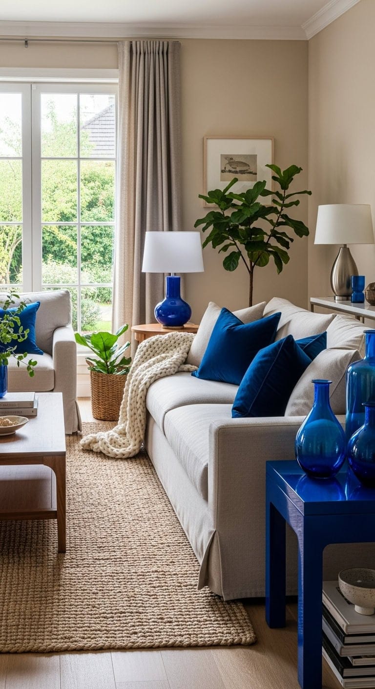vibrant cobalt accents energize neutral space