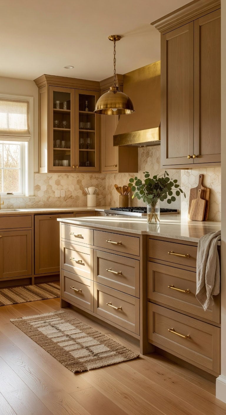 warm brass hardware elevates tan cabinets
