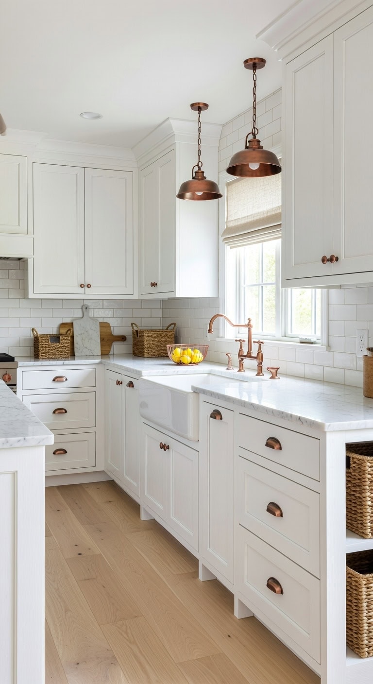 warm copper contrasts cool white tones