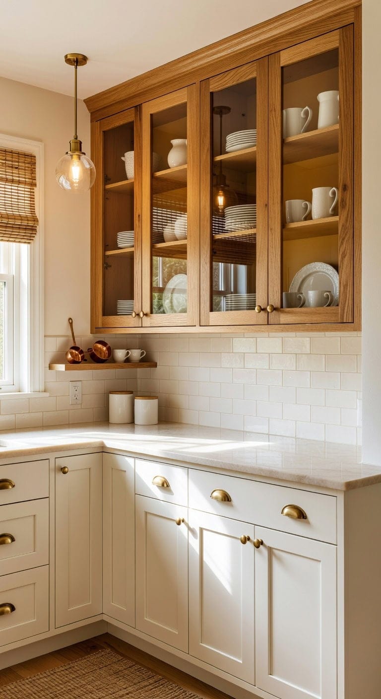 warm glass front wood cabinet displays