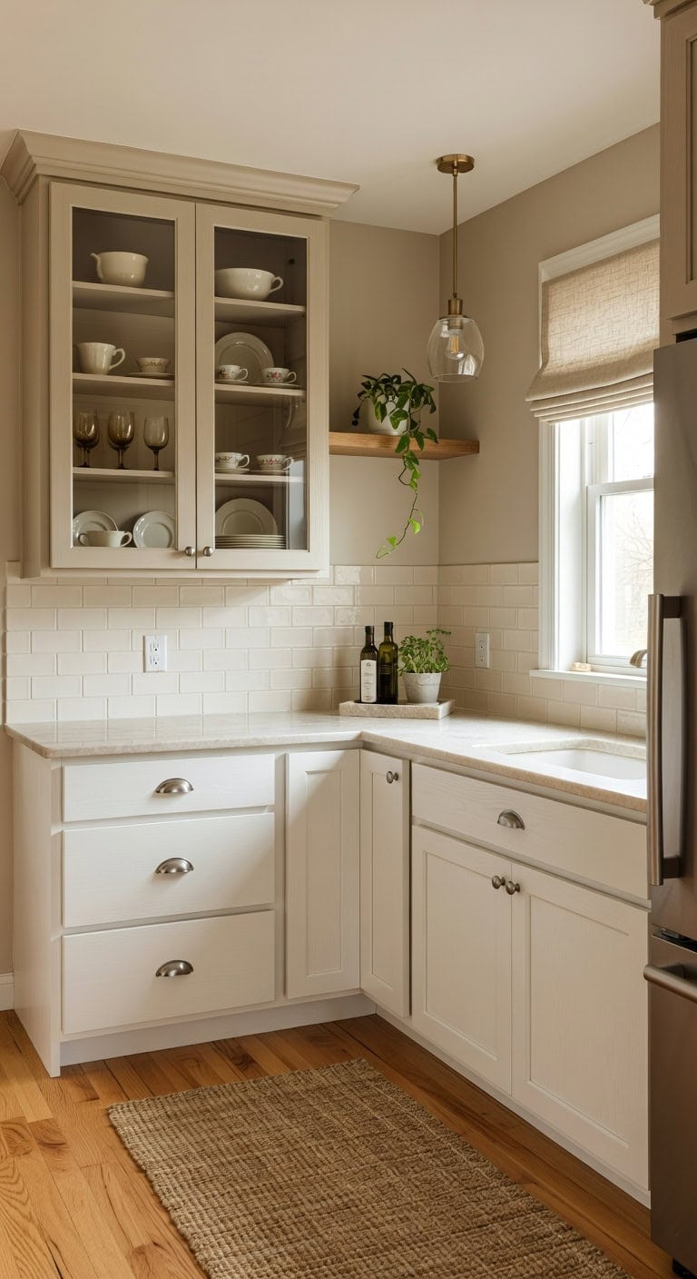 warm inviting glass front tan cabinets