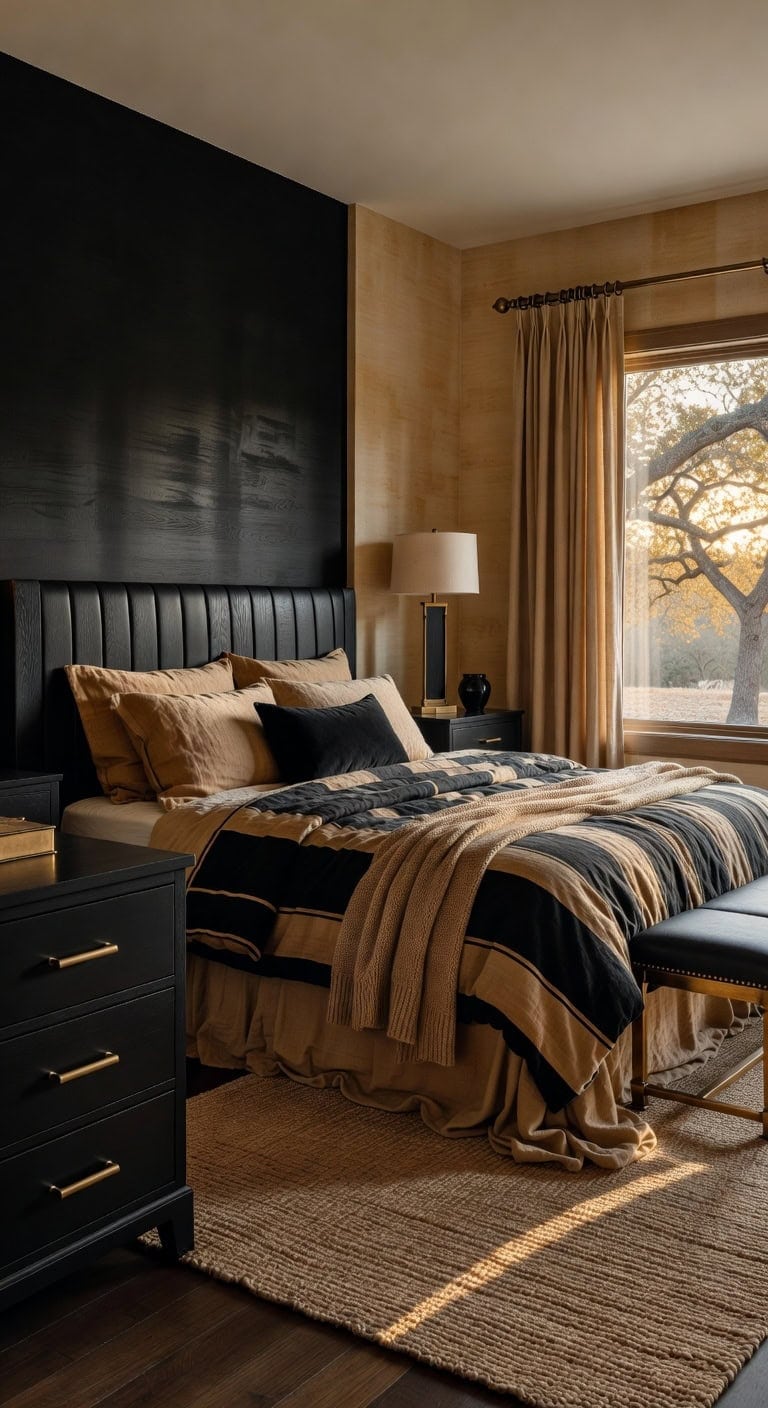 warm metallic hardware integrates black and tan