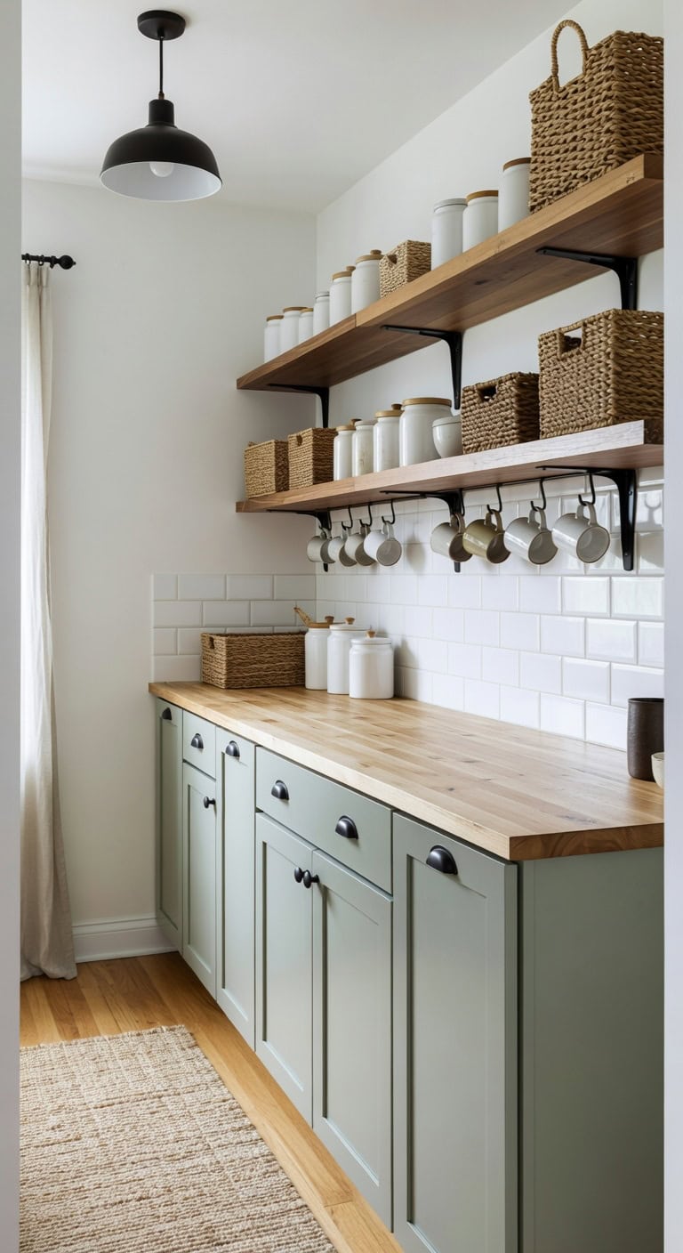 warm textured collected open kitchen shelving