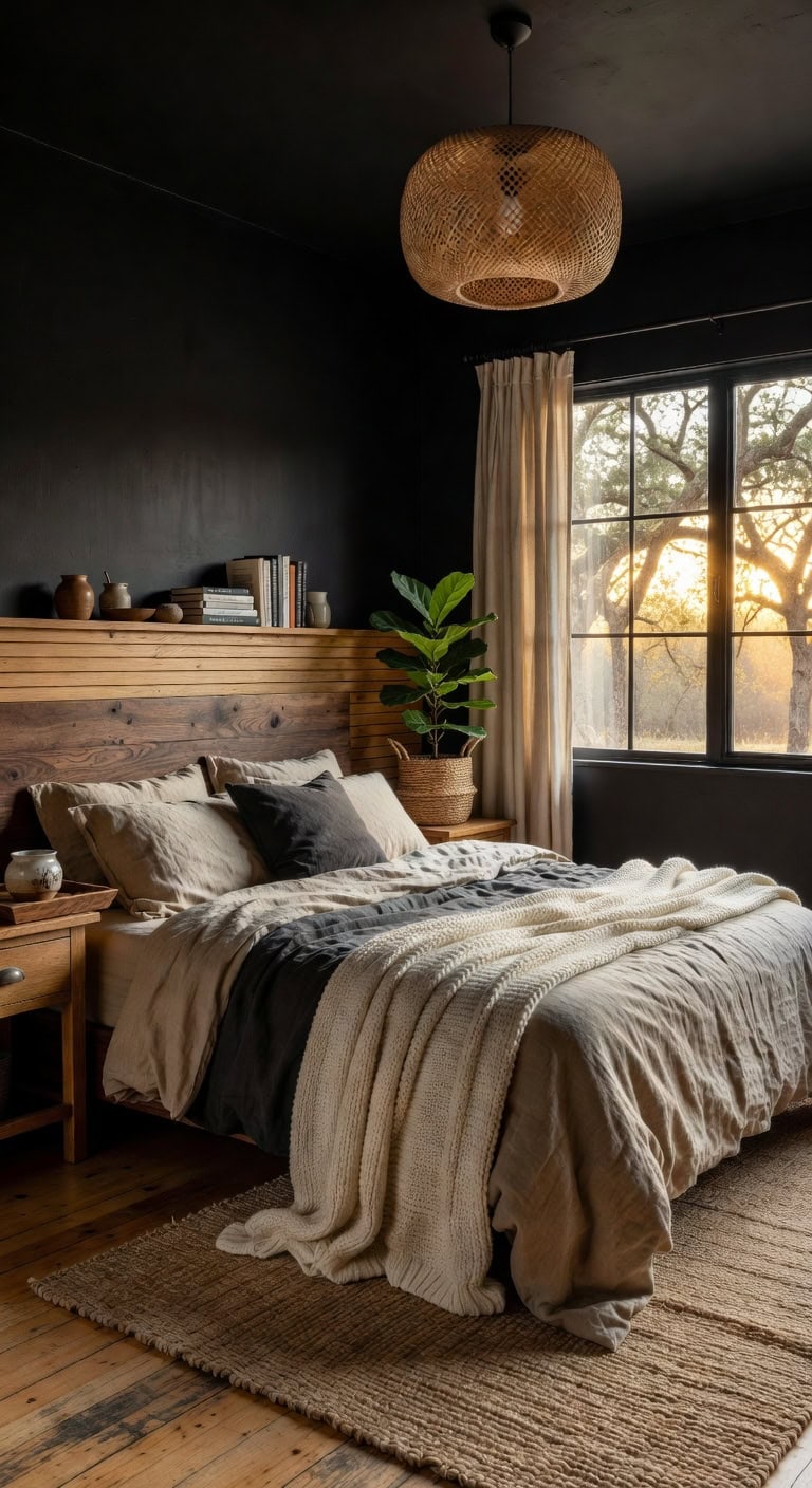 warm wood accents softened black bedroom