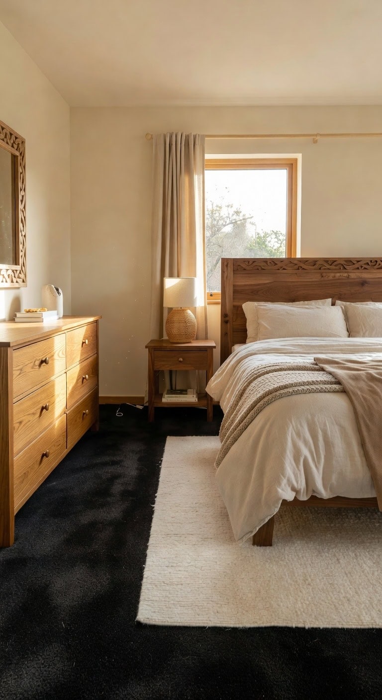 warm wood softens dramatic black carpet