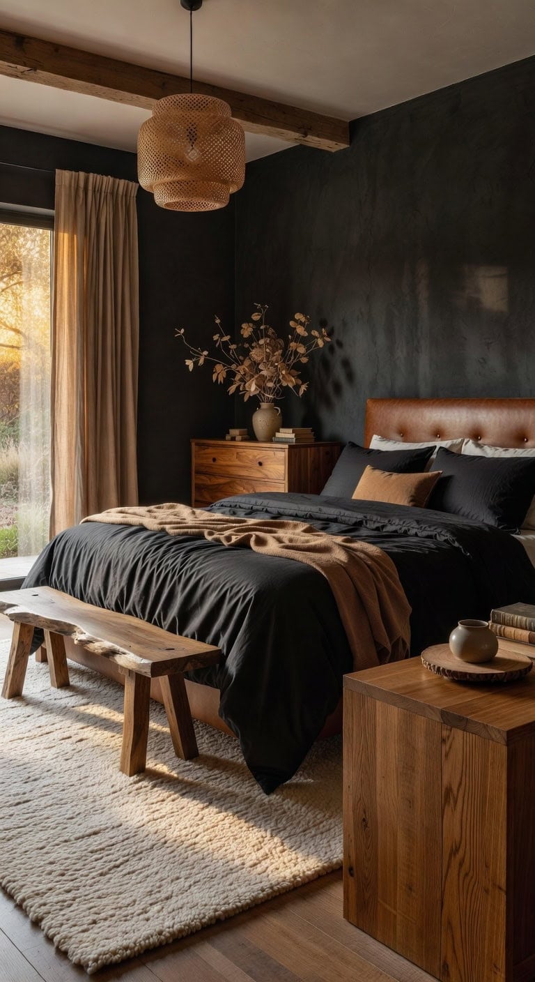 warm wood tones soften black bedding