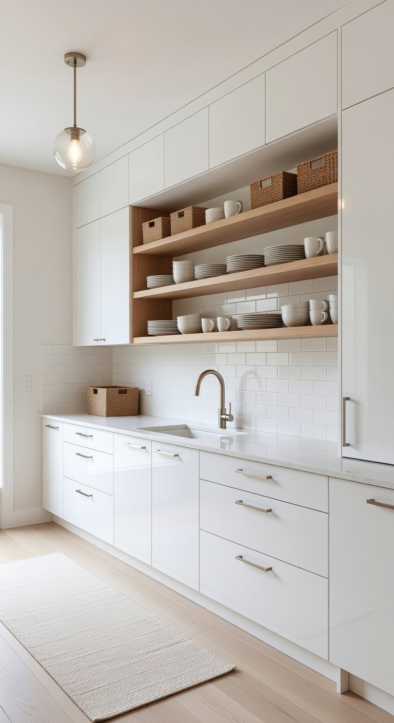 airy modern textural open shelved kitchen