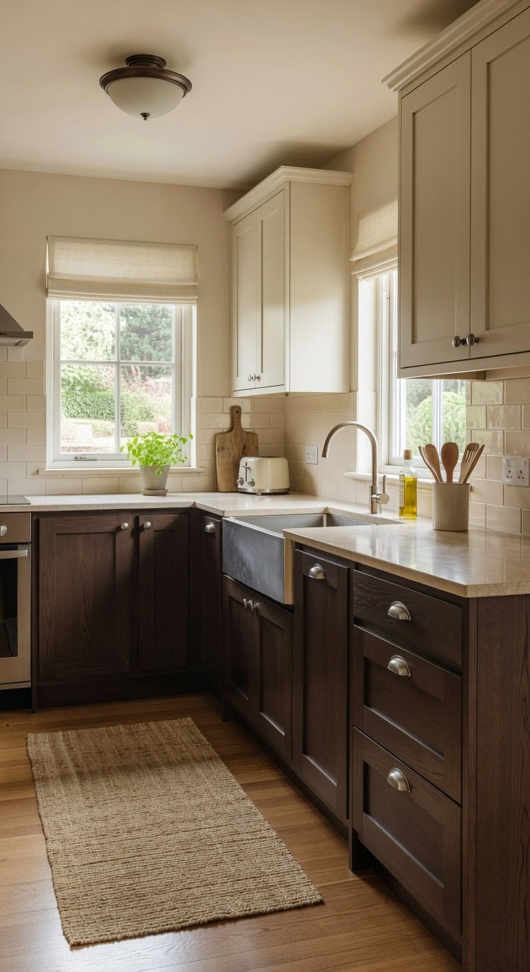 balanced two tone kitchen contrast and warmth