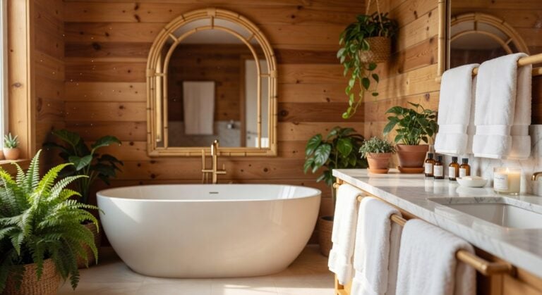 bathroom bamboo framed arched mirrors