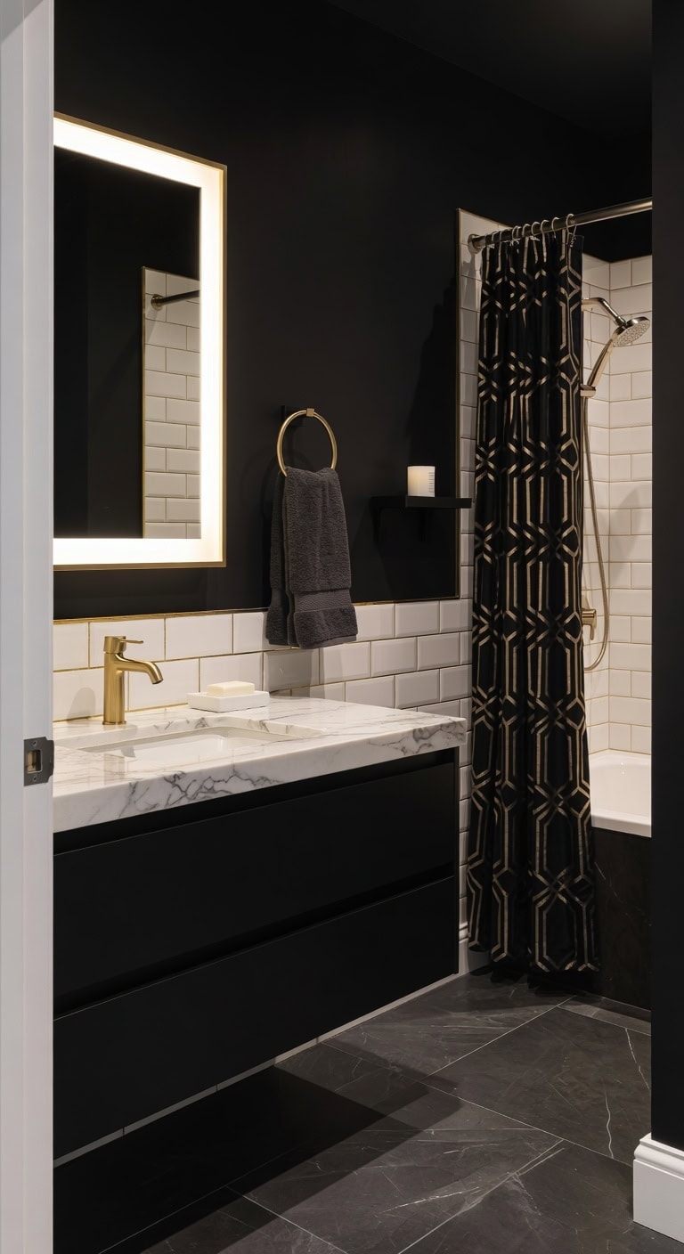 black gold monochrome bathroom ensemble