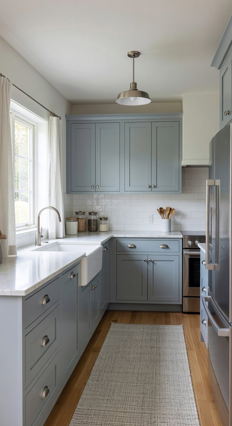 blended transitional blue gray cabinetry