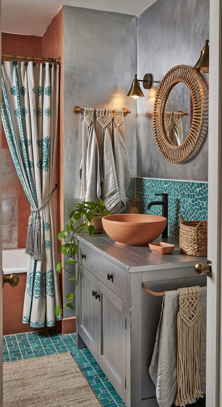 boho terracotta teal bathroom