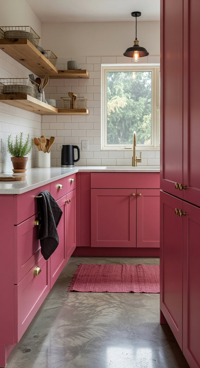 bold raspberry modern industrial kitchen