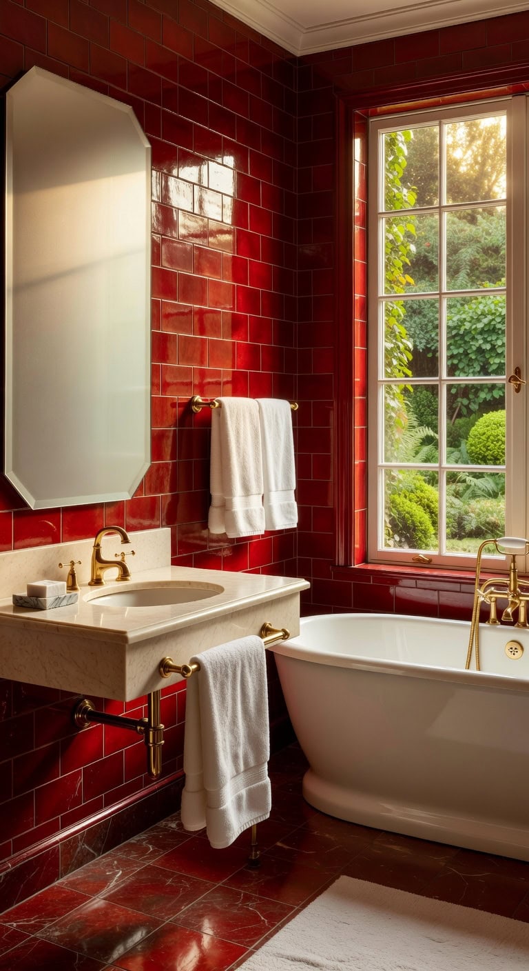 bold red tiled bathroom walls