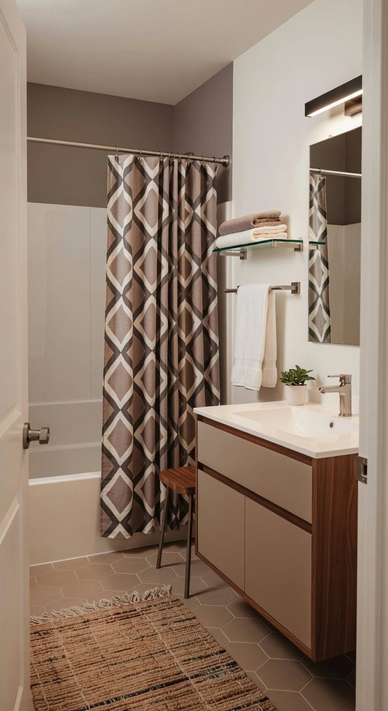 bold taupe curtain colorful rug