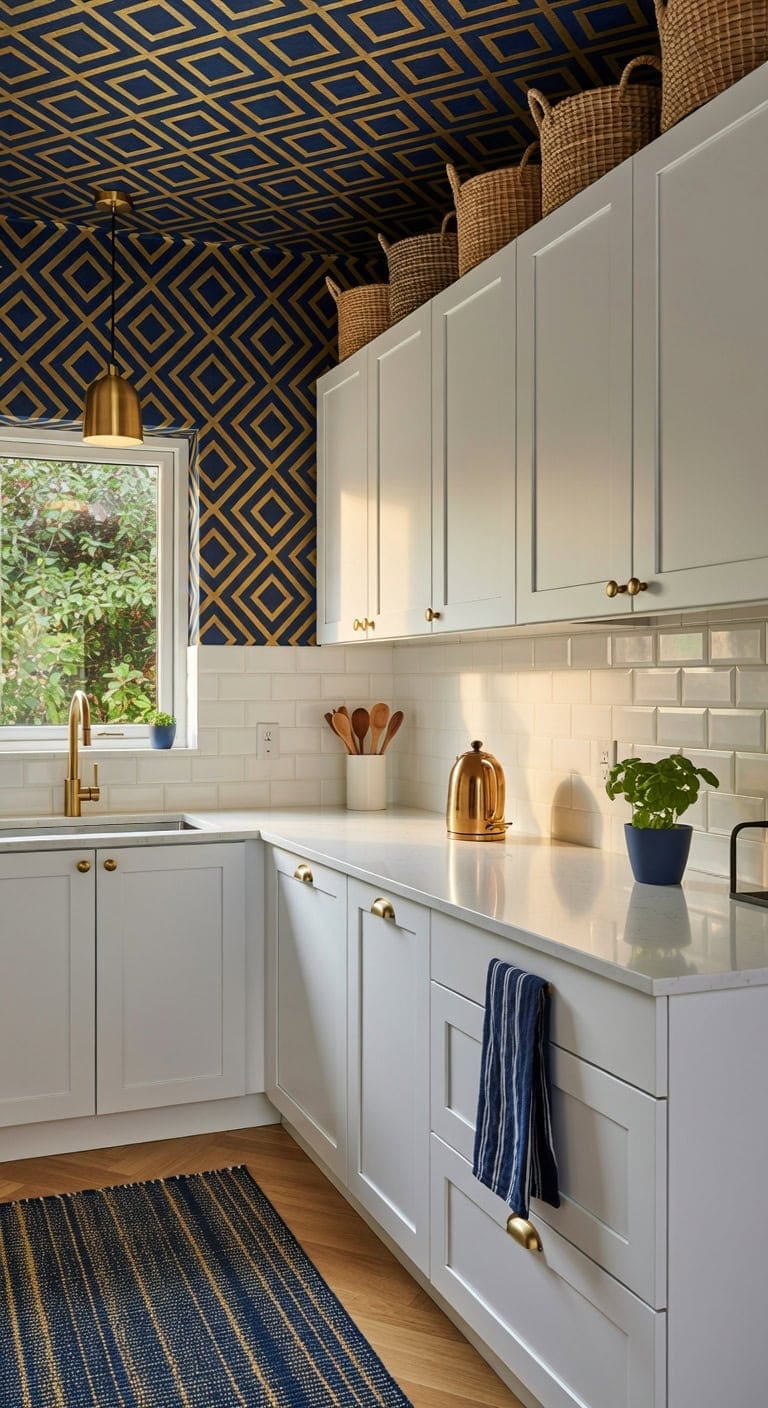 bold wallpaper transforms kitchen cabinet space