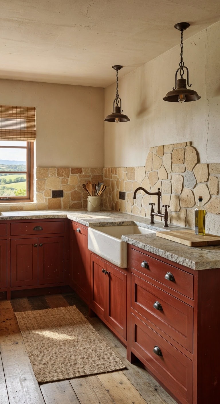 brick red cabinets natural stone blend