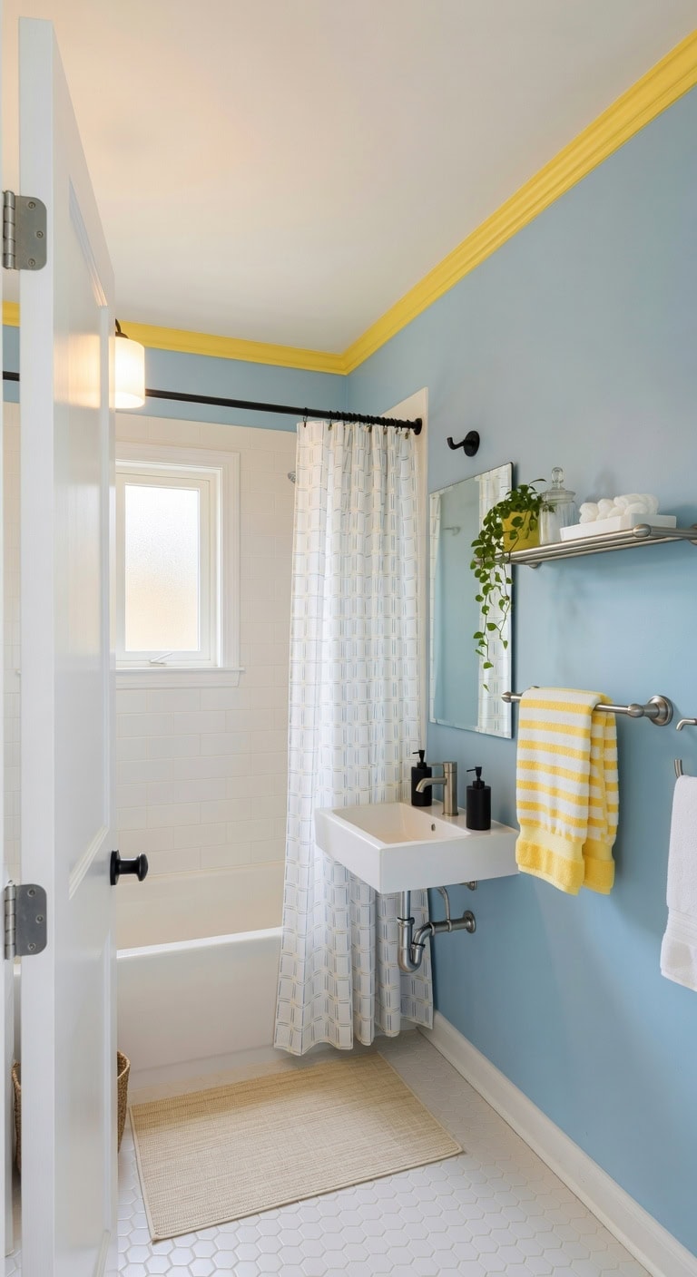 bright minimalist blue yellow bathroom