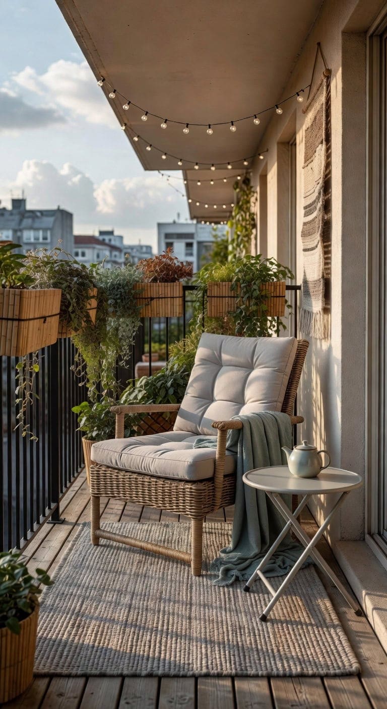 bright white wicker balcony nook