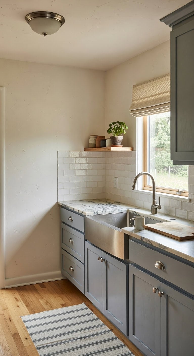 calming blue gray cabinets warm white walls