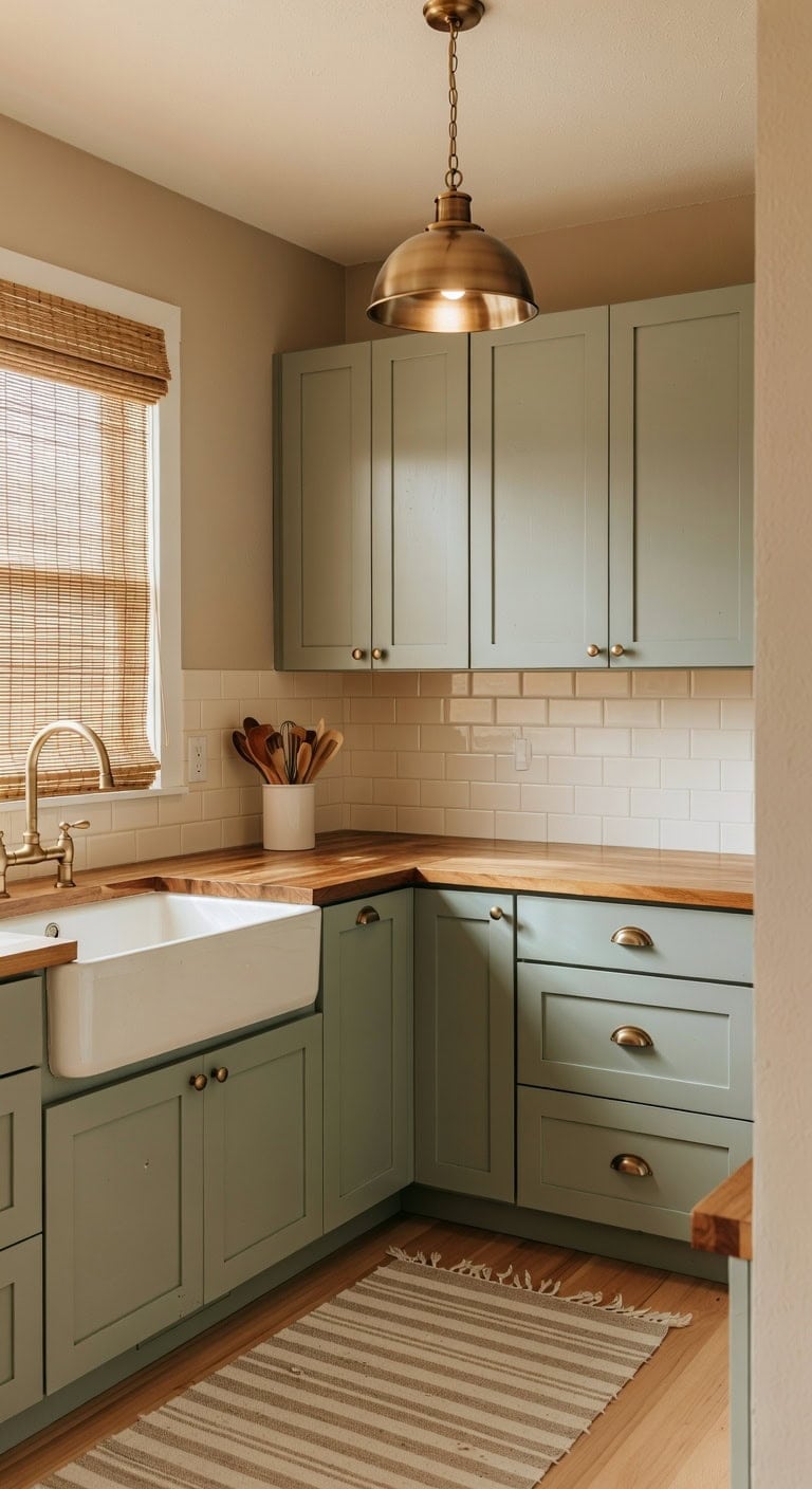 calming sage green shaker kitchen cabinets