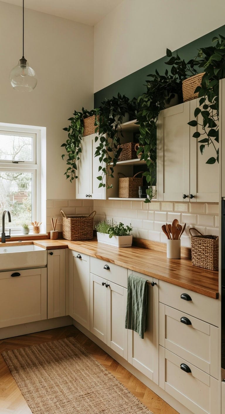cascading greenery over kitchen cabinets