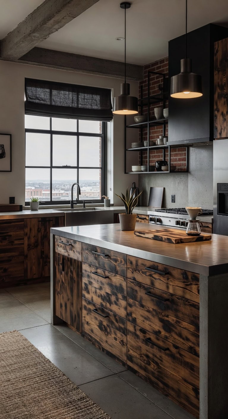charred walnut industrial modern kitchen